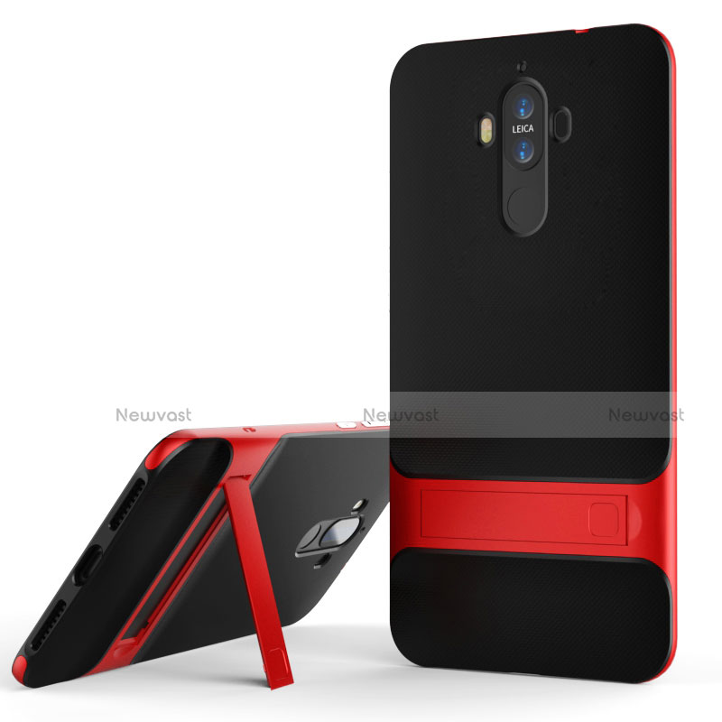 Silicone Matte Finish and Plastic Back Cover Case with Stand for Huawei Mate 9 Red