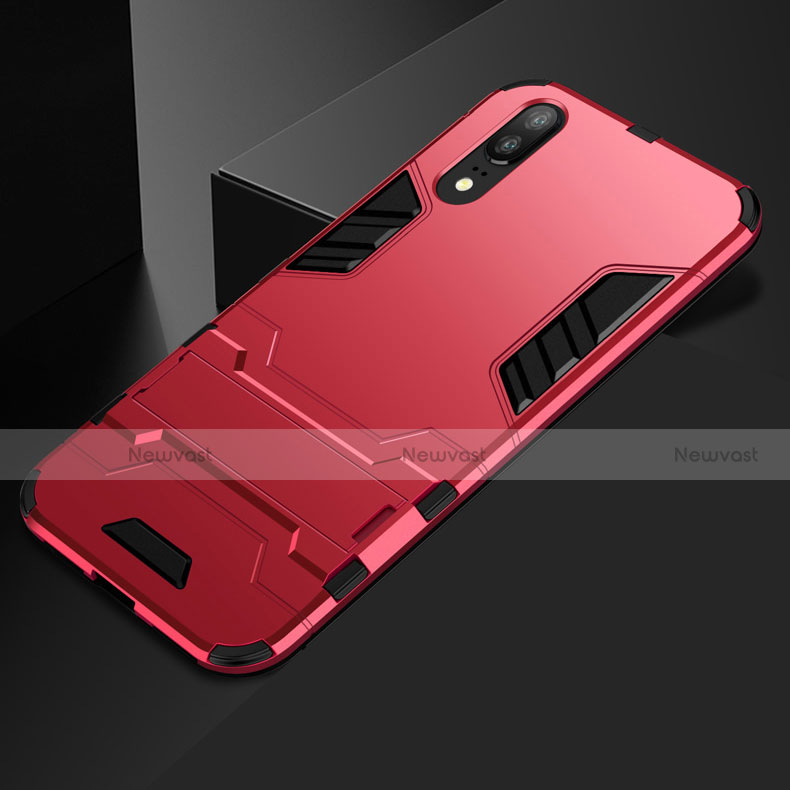 Silicone Matte Finish and Plastic Back Cover Case with Stand for Huawei P20 Red