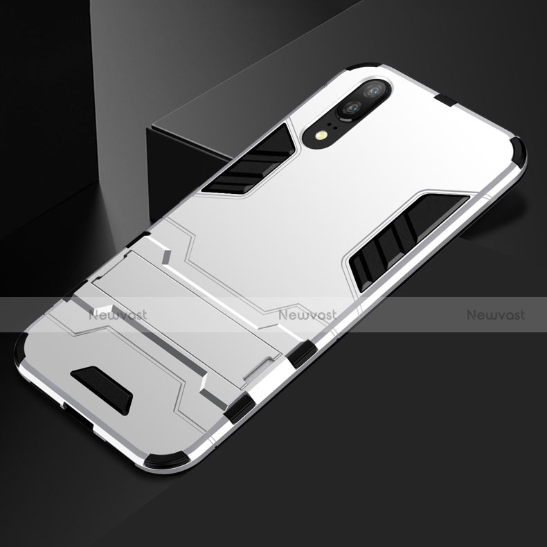 Silicone Matte Finish and Plastic Back Cover Case with Stand for Huawei P20 White