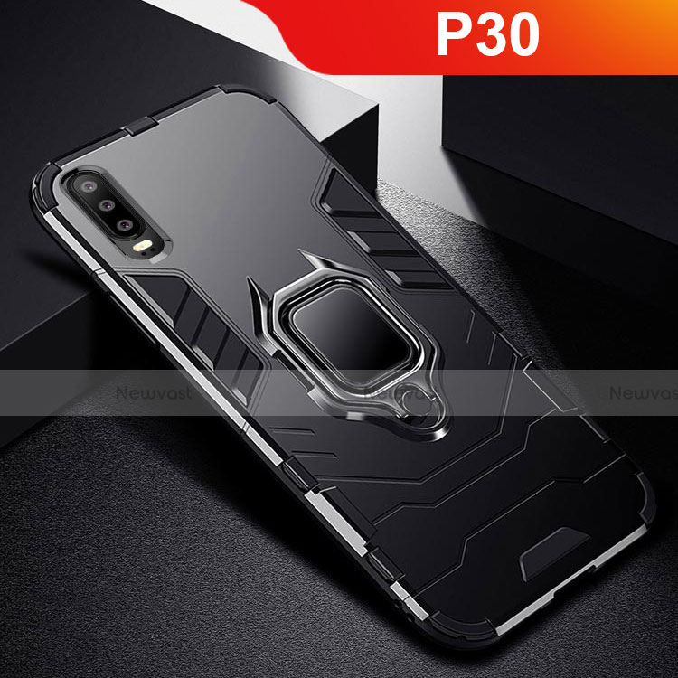 Silicone Matte Finish and Plastic Back Cover Case with Stand for Huawei P30 Black