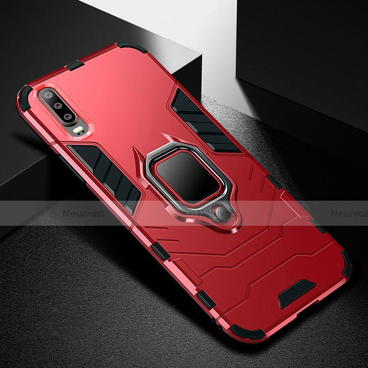 Silicone Matte Finish and Plastic Back Cover Case with Stand for Huawei P30 Red