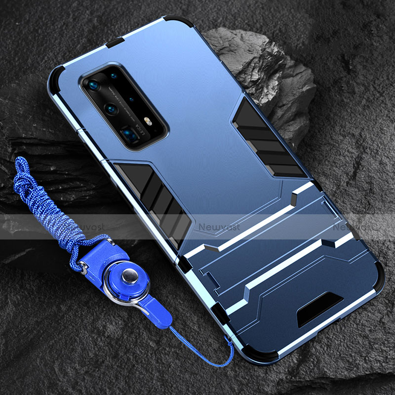 Silicone Matte Finish and Plastic Back Cover Case with Stand for Huawei P40 Pro+ Plus Blue