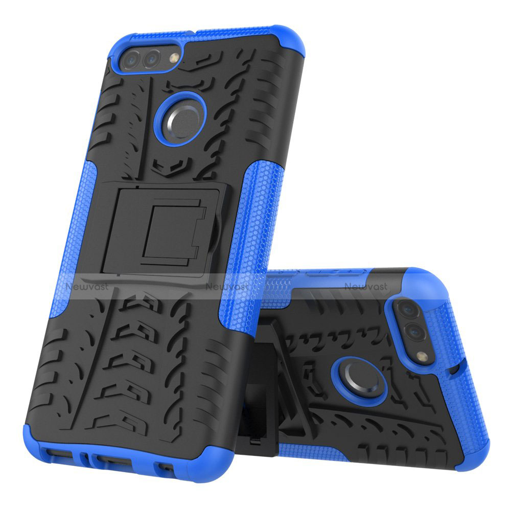 Silicone Matte Finish and Plastic Back Cover Case with Stand for Huawei Y9 (2018) Blue