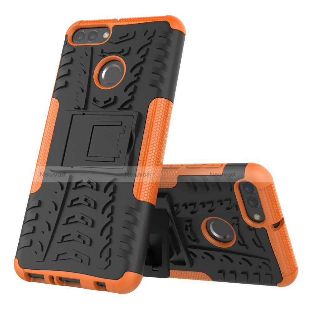 Silicone Matte Finish and Plastic Back Cover Case with Stand for Huawei Y9 (2018) Orange