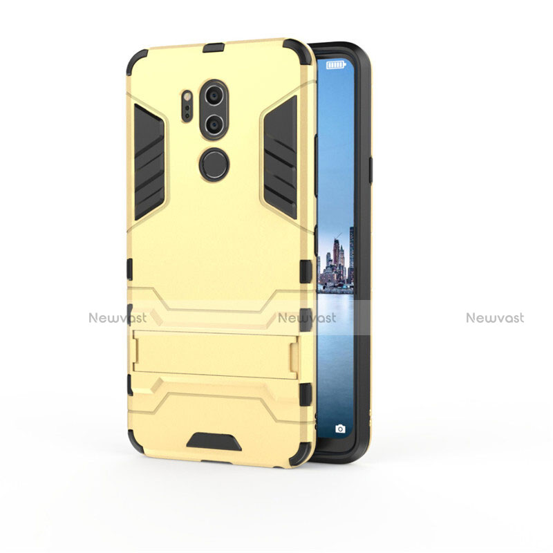 Silicone Matte Finish and Plastic Back Cover Case with Stand for LG G7 Yellow