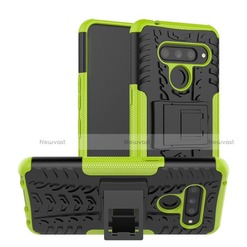 Silicone Matte Finish and Plastic Back Cover Case with Stand for LG V50 ThinQ 5G Green