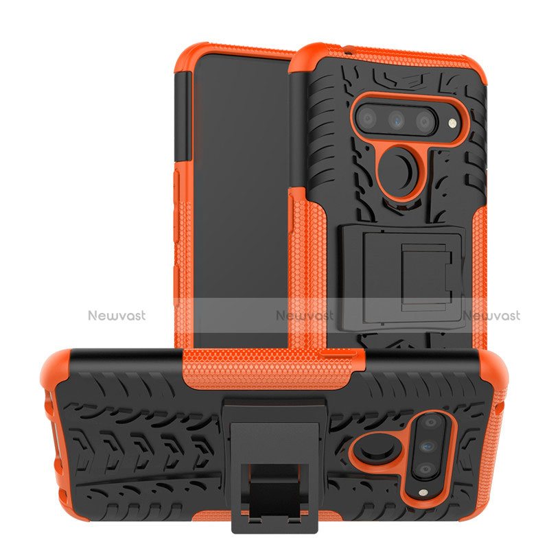 Silicone Matte Finish and Plastic Back Cover Case with Stand for LG V50 ThinQ 5G Orange