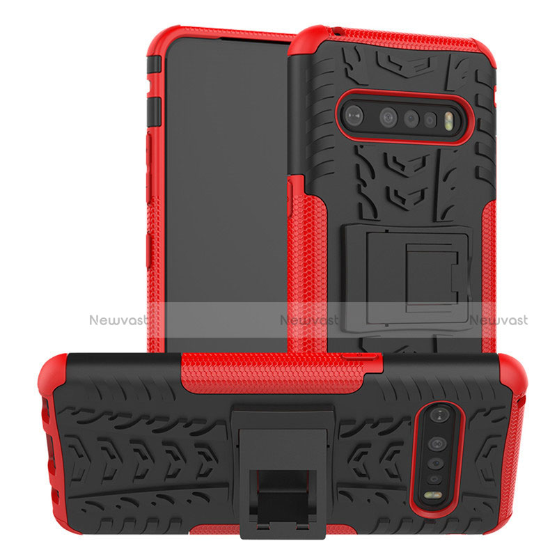 Silicone Matte Finish and Plastic Back Cover Case with Stand for LG V60 ThinQ 5G Red