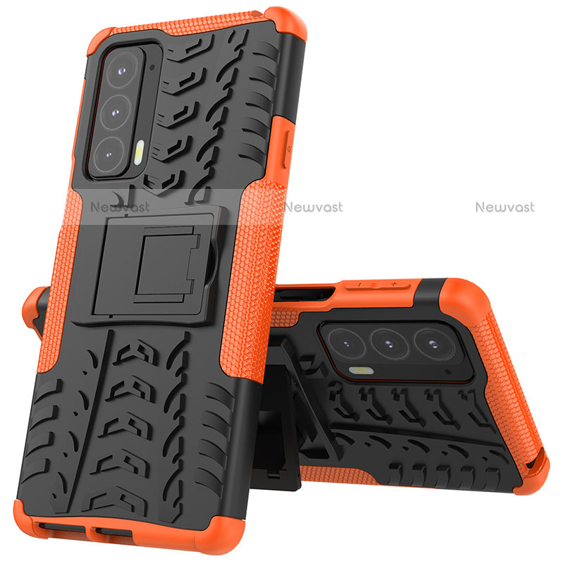 Silicone Matte Finish and Plastic Back Cover Case with Stand for Motorola Moto Edge 20 5G Orange