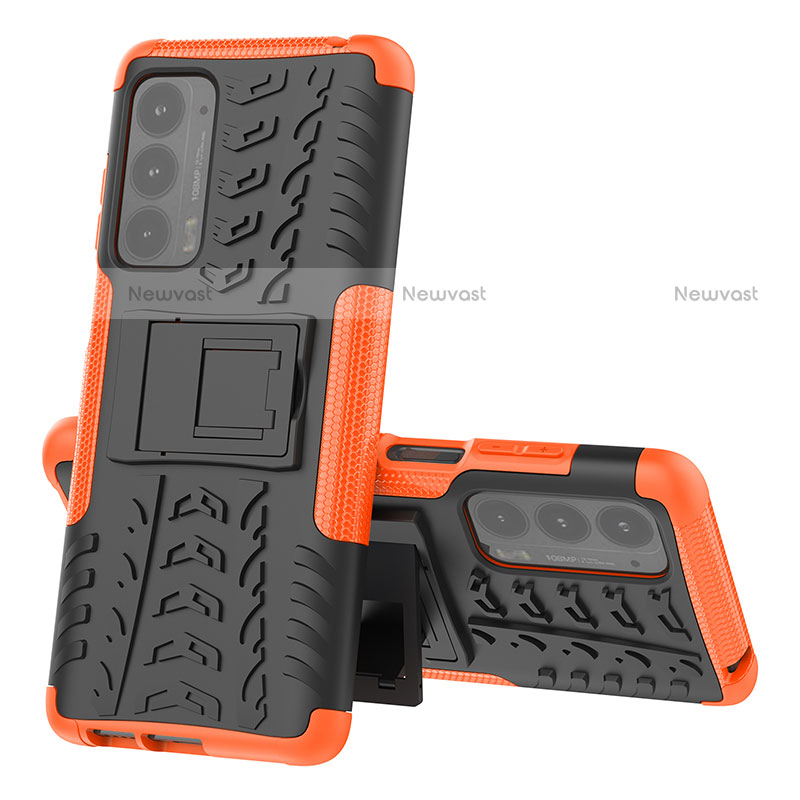 Silicone Matte Finish and Plastic Back Cover Case with Stand for Motorola Moto Edge (2021) 5G Orange