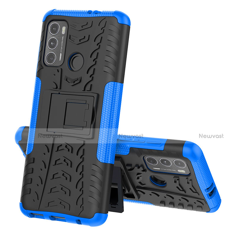 Silicone Matte Finish and Plastic Back Cover Case with Stand for Motorola Moto G40 Fusion Blue