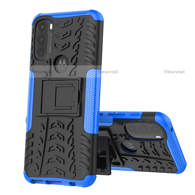 Silicone Matte Finish and Plastic Back Cover Case with Stand for Motorola Moto G71 5G Blue