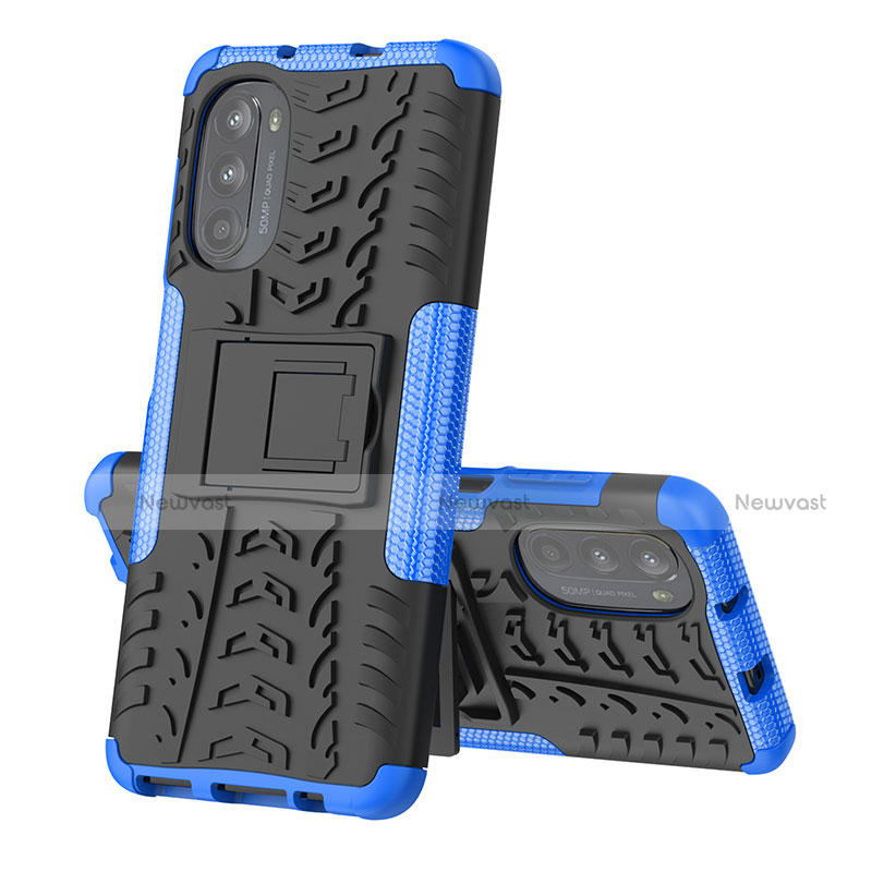 Silicone Matte Finish and Plastic Back Cover Case with Stand for Motorola Moto G71s 5G Blue