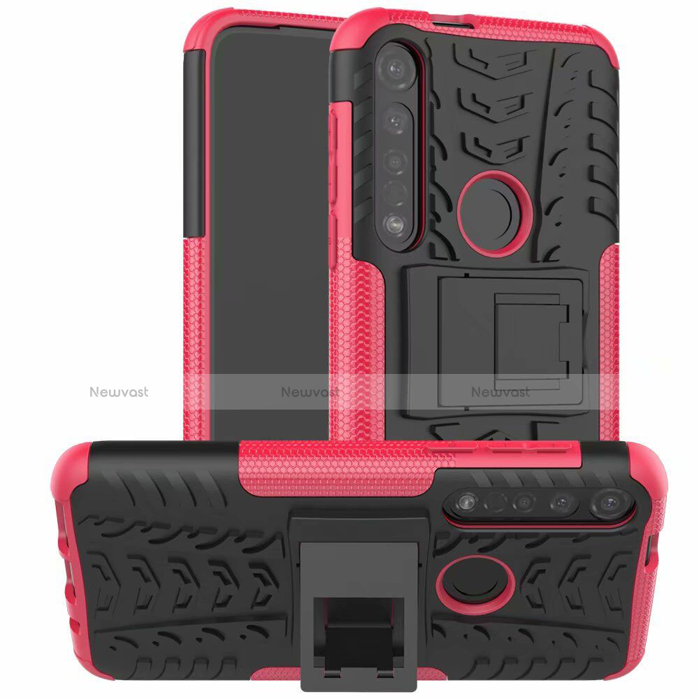 Silicone Matte Finish and Plastic Back Cover Case with Stand for Motorola Moto G8 Plus Hot Pink