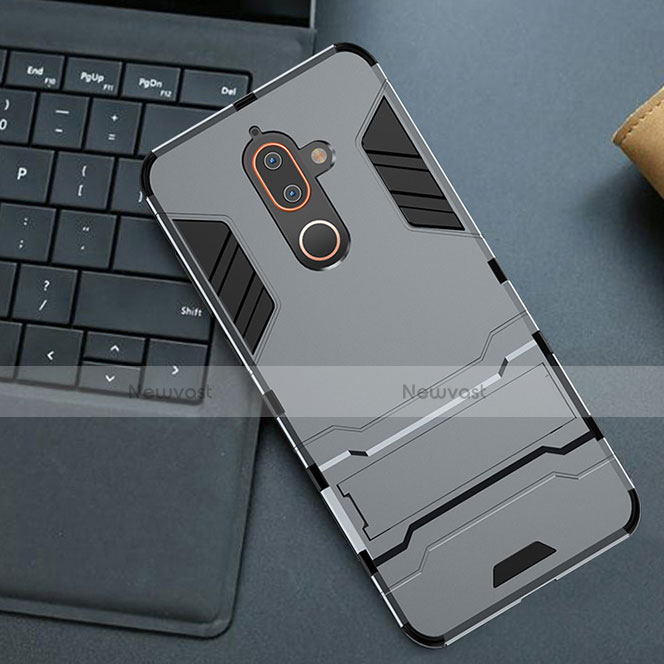 Silicone Matte Finish and Plastic Back Cover Case with Stand for Nokia 7 Plus Gray