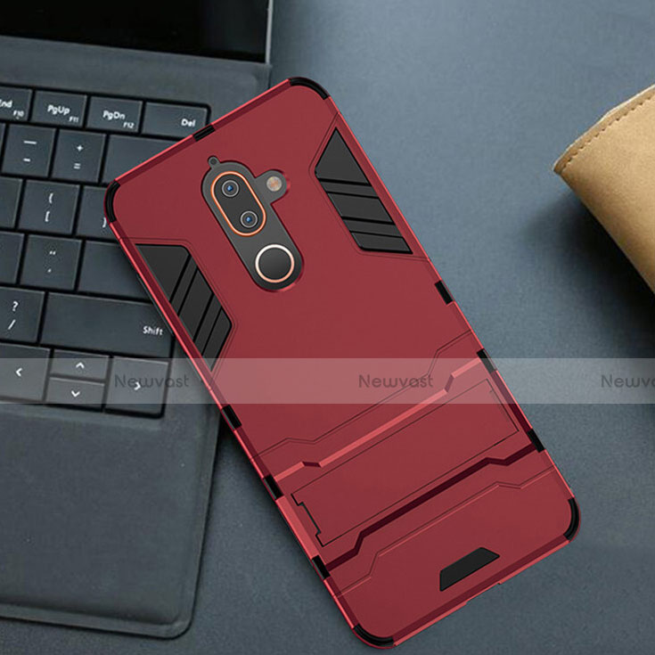 Silicone Matte Finish and Plastic Back Cover Case with Stand for Nokia 7 Plus Red