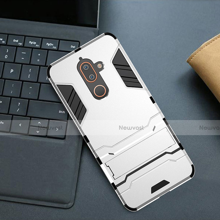 Silicone Matte Finish and Plastic Back Cover Case with Stand for Nokia 7 Plus White