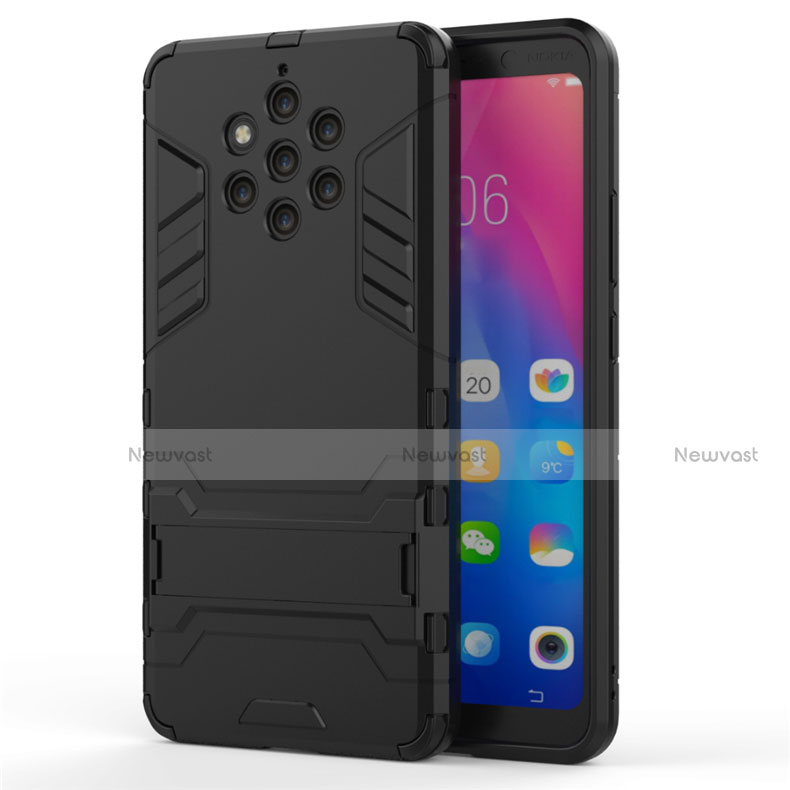 Silicone Matte Finish and Plastic Back Cover Case with Stand for Nokia 9 PureView Black