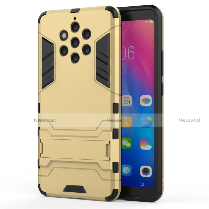 Silicone Matte Finish and Plastic Back Cover Case with Stand for Nokia 9 PureView Gold