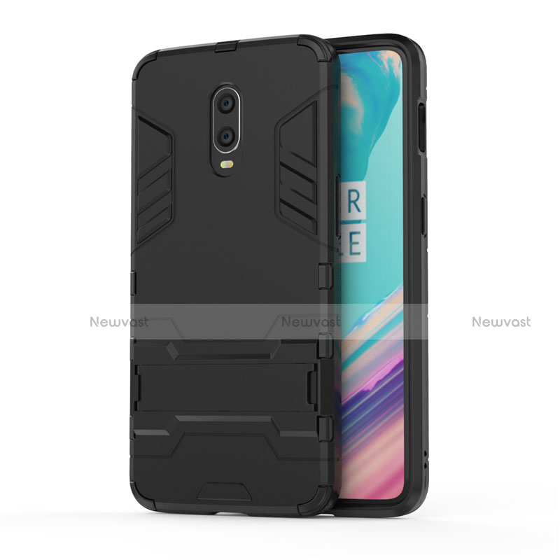 Silicone Matte Finish and Plastic Back Cover Case with Stand for OnePlus 7 Black