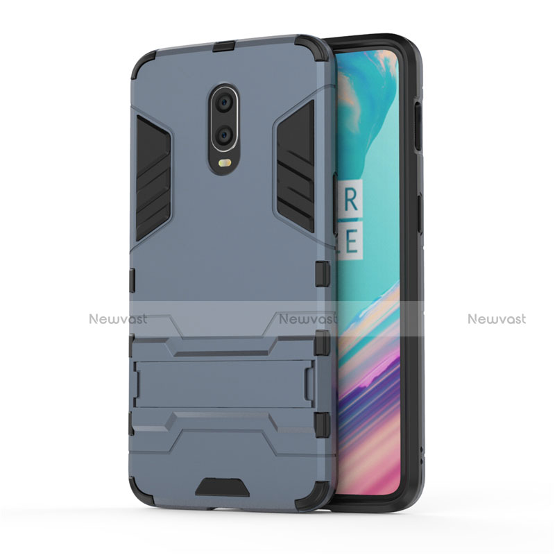 Silicone Matte Finish and Plastic Back Cover Case with Stand for OnePlus 7 Blue