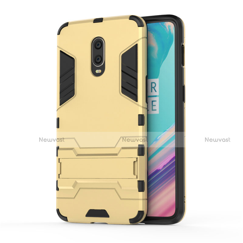 Silicone Matte Finish and Plastic Back Cover Case with Stand for OnePlus 7 Gold