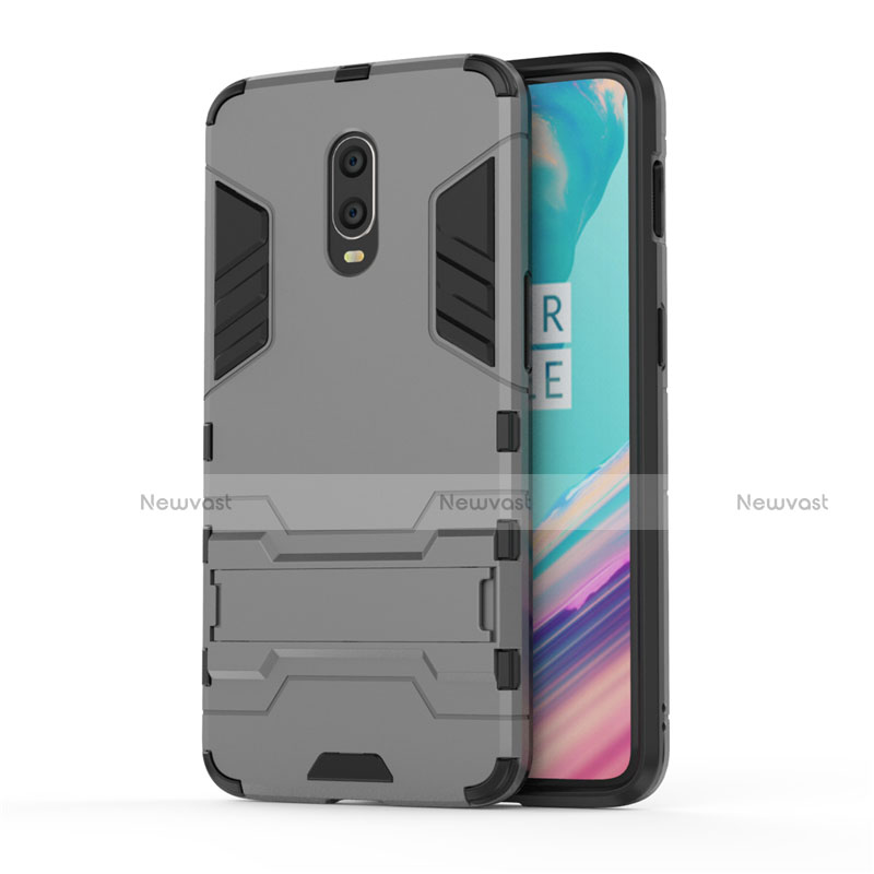 Silicone Matte Finish and Plastic Back Cover Case with Stand for OnePlus 7 Gray