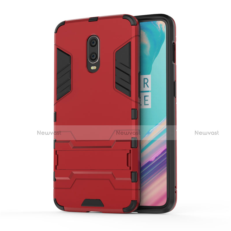 Silicone Matte Finish and Plastic Back Cover Case with Stand for OnePlus 7 Red