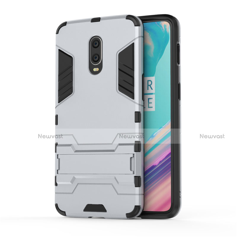 Silicone Matte Finish and Plastic Back Cover Case with Stand for OnePlus 7 Silver