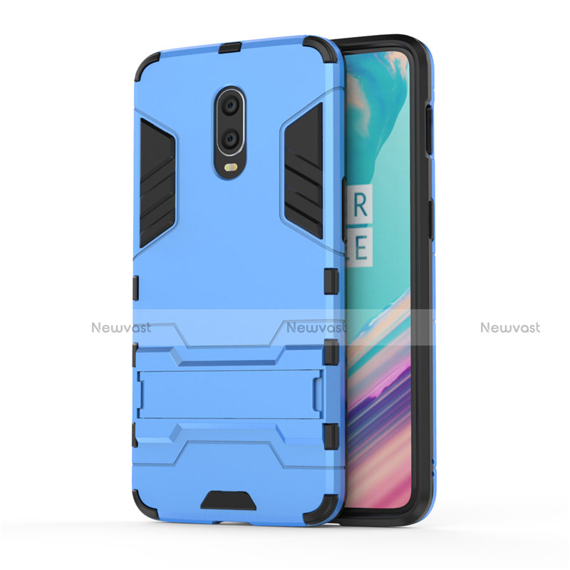 Silicone Matte Finish and Plastic Back Cover Case with Stand for OnePlus 7 Sky Blue