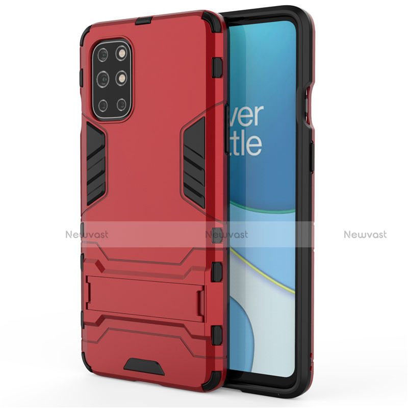 Silicone Matte Finish and Plastic Back Cover Case with Stand for OnePlus 8T 5G Red