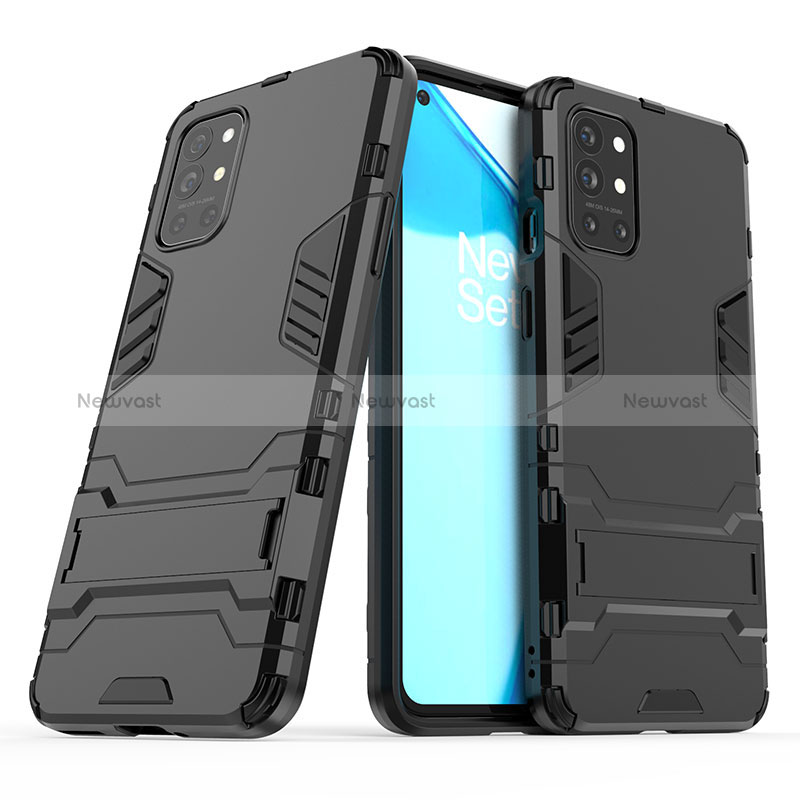 Silicone Matte Finish and Plastic Back Cover Case with Stand for OnePlus 9R 5G Black