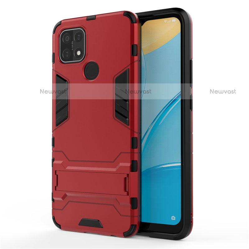 Silicone Matte Finish and Plastic Back Cover Case with Stand for Oppo A15 Red