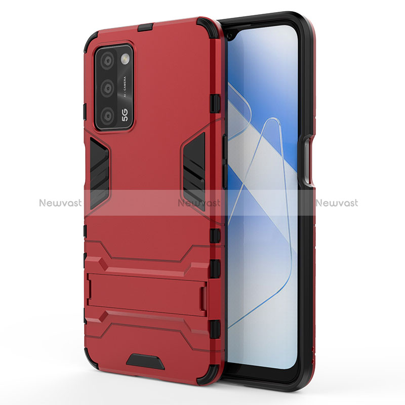 Silicone Matte Finish and Plastic Back Cover Case with Stand for Oppo A53s 5G Red