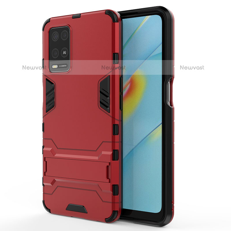 Silicone Matte Finish and Plastic Back Cover Case with Stand for Oppo A54 4G Red