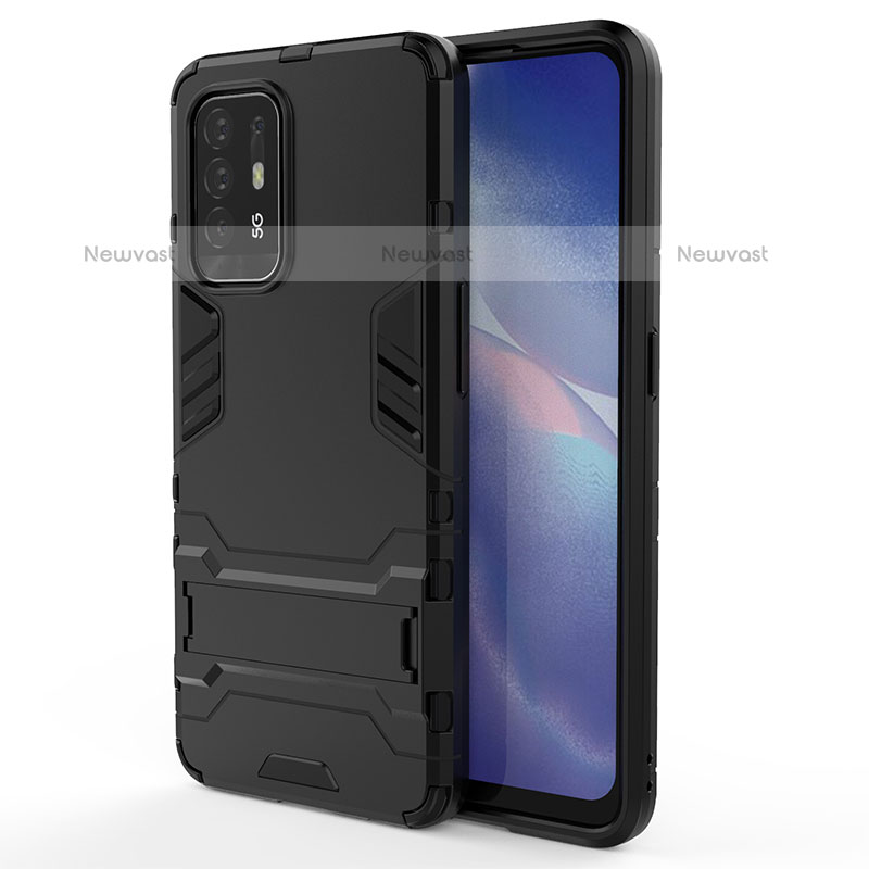 Silicone Matte Finish and Plastic Back Cover Case with Stand for Oppo A94 5G Black