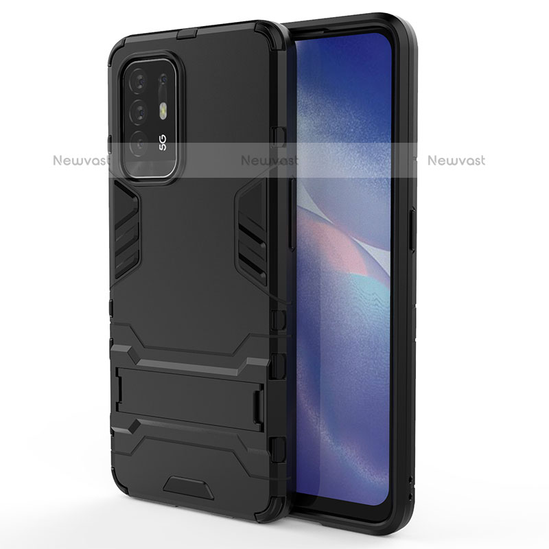 Silicone Matte Finish and Plastic Back Cover Case with Stand for Oppo A95 5G Black