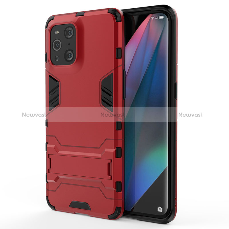 Silicone Matte Finish and Plastic Back Cover Case with Stand for Oppo Find X3 5G Red