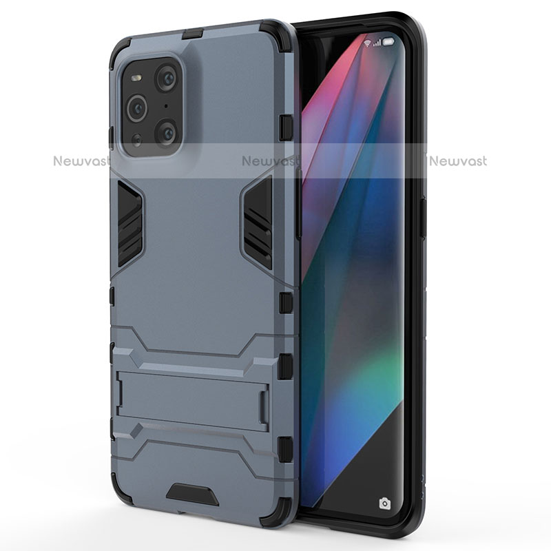 Silicone Matte Finish and Plastic Back Cover Case with Stand for Oppo Find X3 Pro 5G Blue