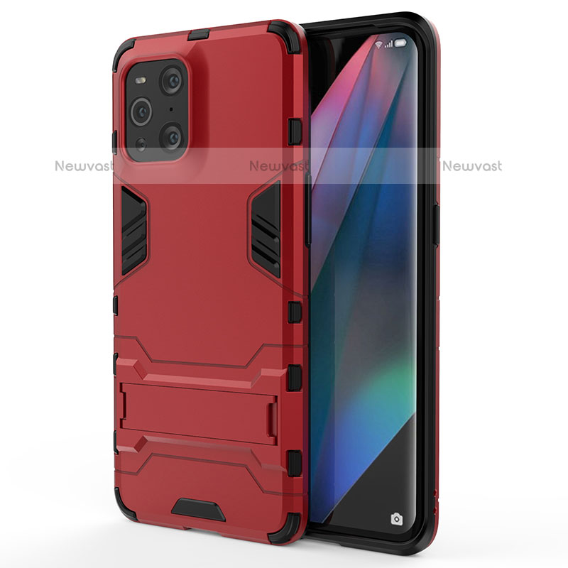Silicone Matte Finish and Plastic Back Cover Case with Stand for Oppo Find X3 Pro 5G Red