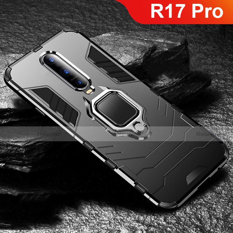 Silicone Matte Finish and Plastic Back Cover Case with Stand for Oppo R17 Pro Black