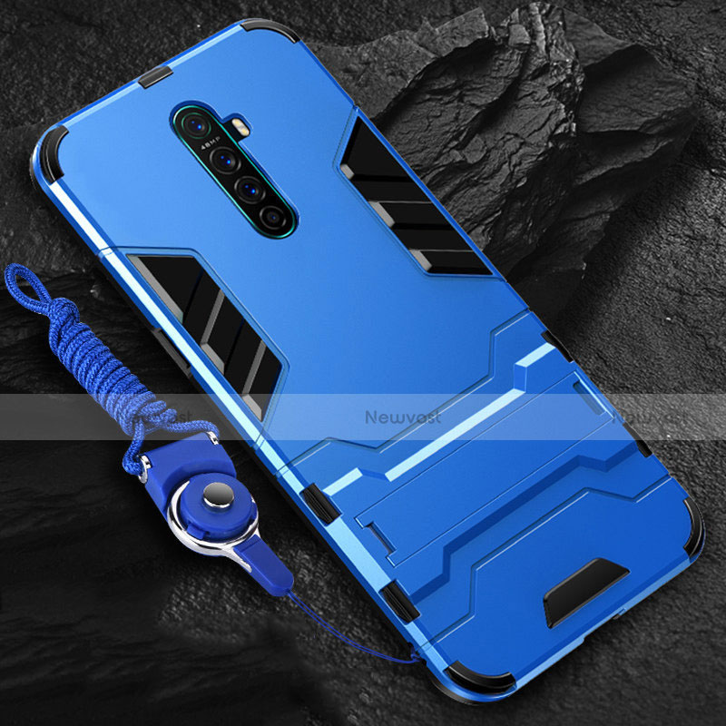 Silicone Matte Finish and Plastic Back Cover Case with Stand for Oppo Reno Ace Blue