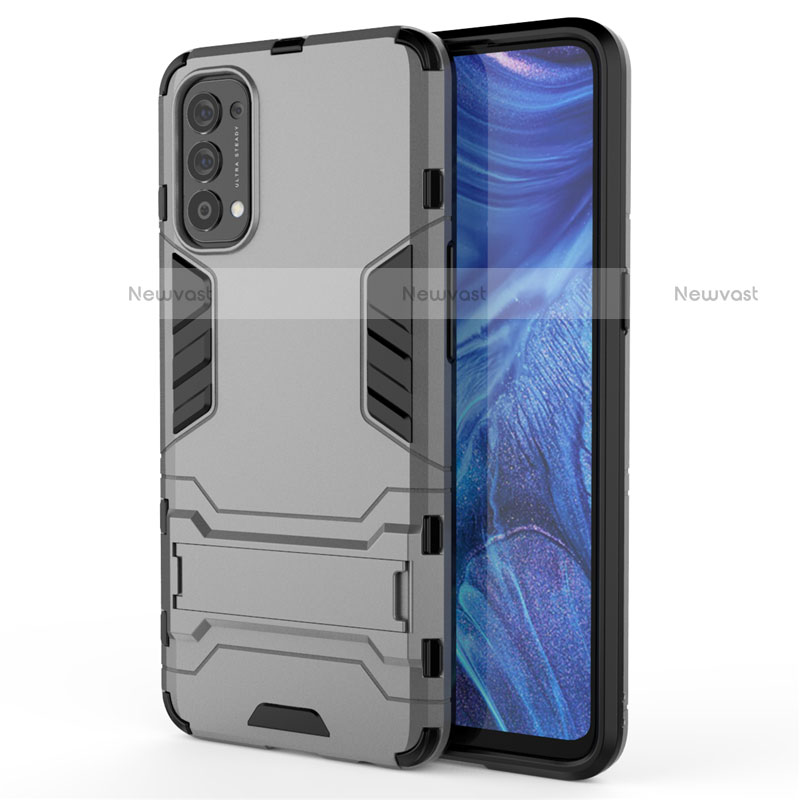 Silicone Matte Finish and Plastic Back Cover Case with Stand for Oppo Reno4 4G Gray