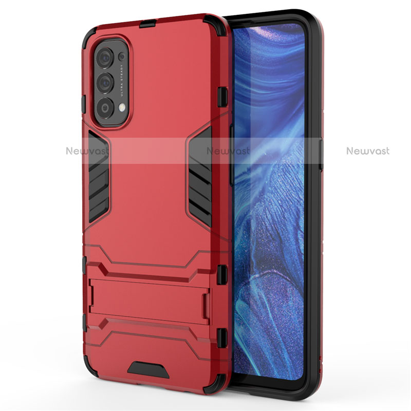 Silicone Matte Finish and Plastic Back Cover Case with Stand for Oppo Reno4 4G Red