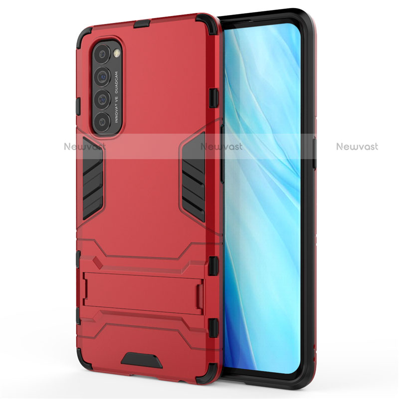 Silicone Matte Finish and Plastic Back Cover Case with Stand for Oppo Reno4 Pro 4G Red