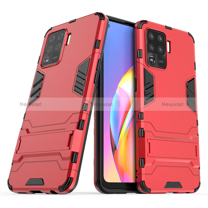 Silicone Matte Finish and Plastic Back Cover Case with Stand for Oppo Reno5 F Red