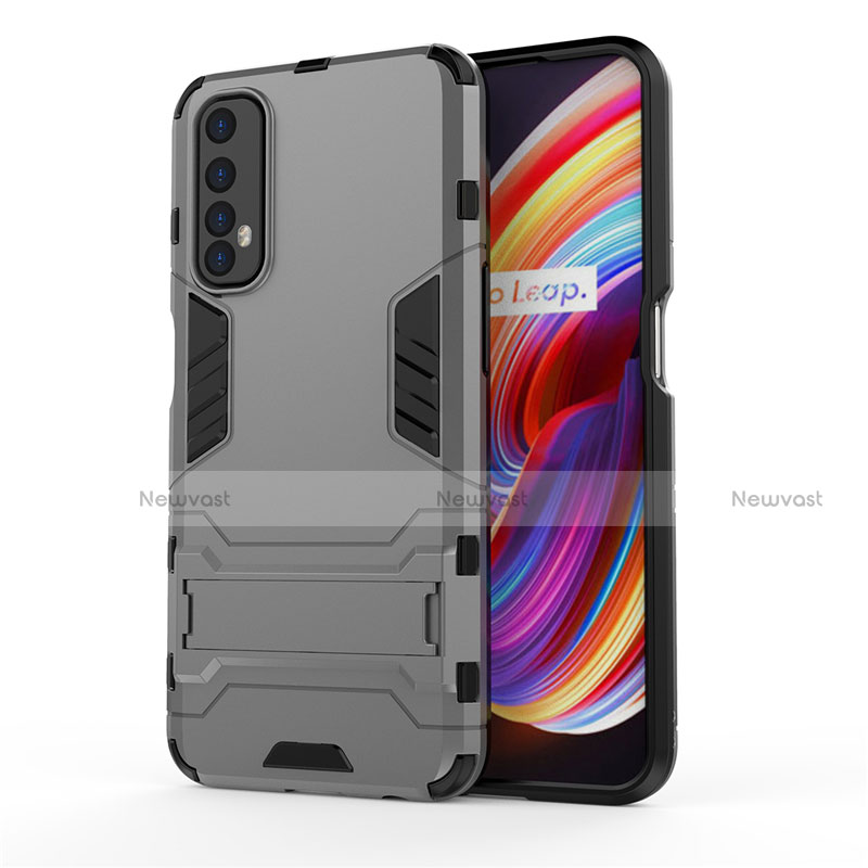 Silicone Matte Finish and Plastic Back Cover Case with Stand for Realme 7 Gray