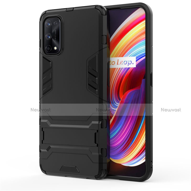 Silicone Matte Finish and Plastic Back Cover Case with Stand for Realme 7 Pro Black