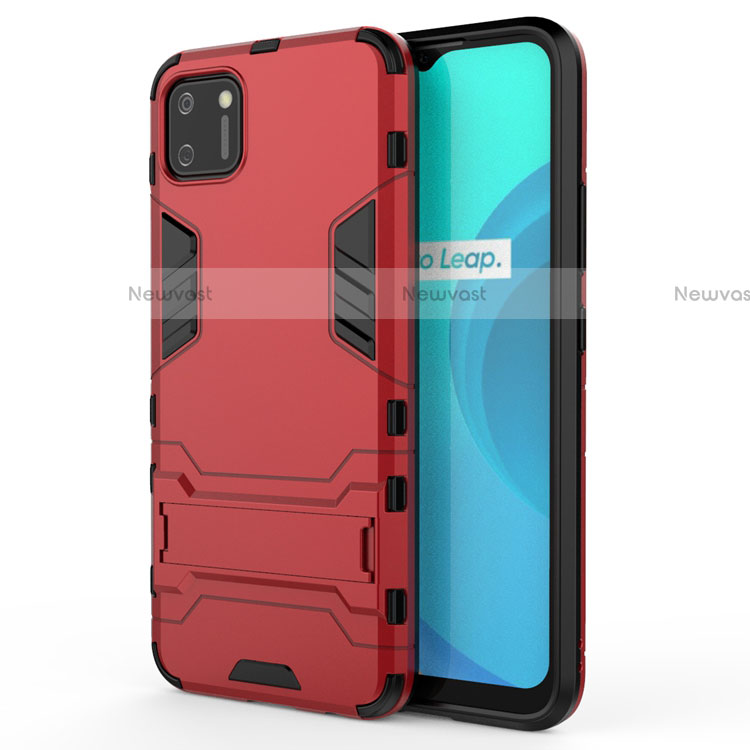 Silicone Matte Finish and Plastic Back Cover Case with Stand for Realme C11 Red