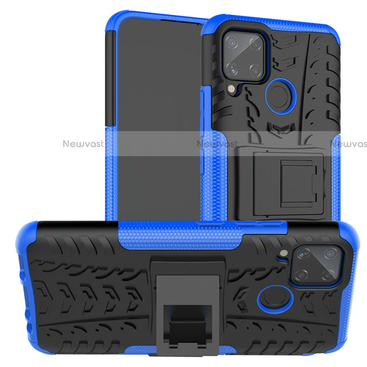 Silicone Matte Finish and Plastic Back Cover Case with Stand for Realme C15 Blue